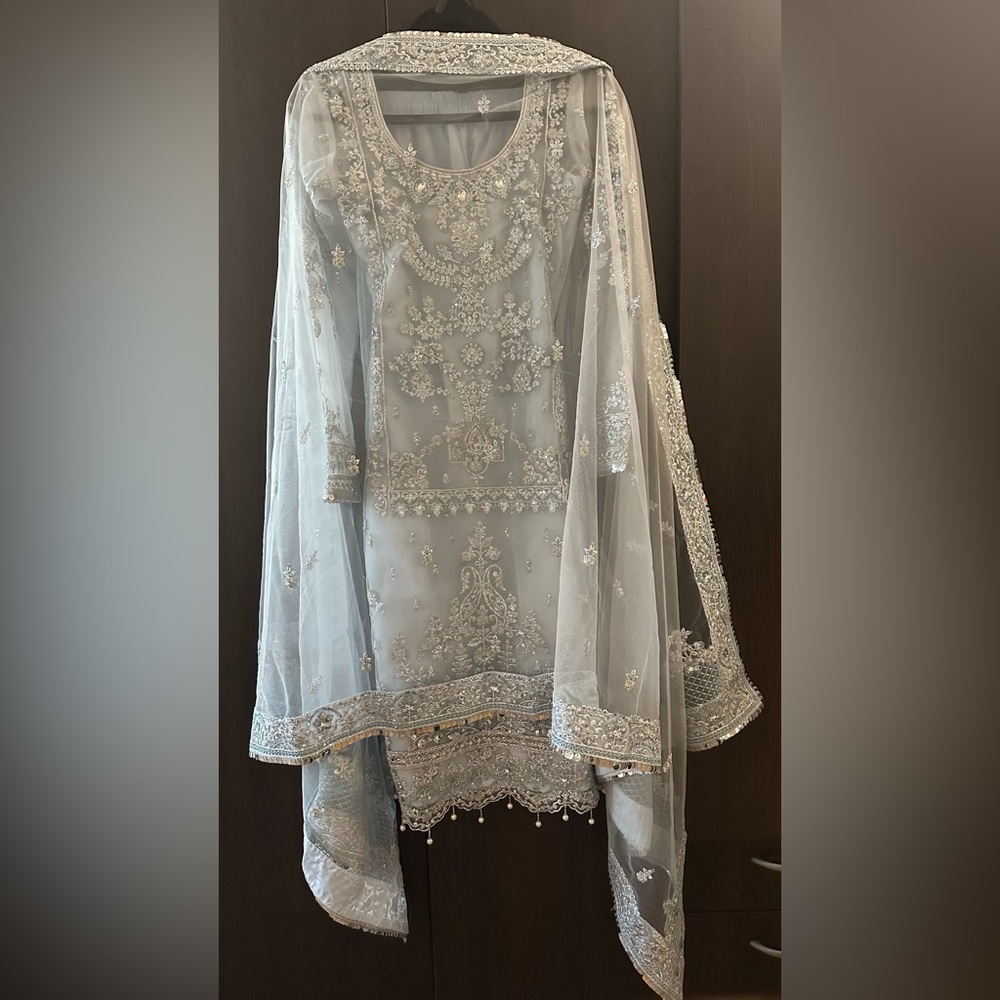 Powder Blue Heavy Embroidered Net Straight Suit
